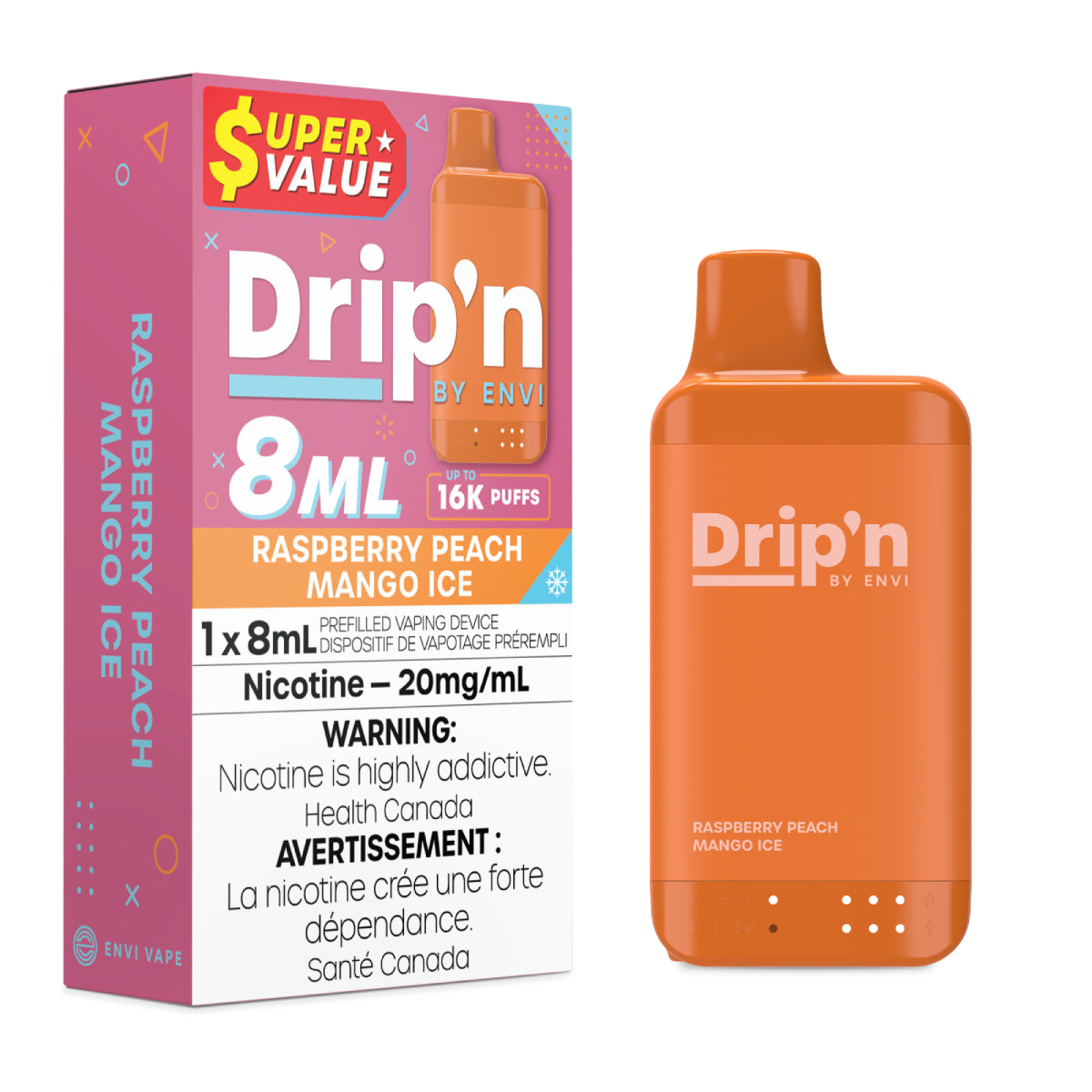 Drip'n by Envi 8ML Disposable - Raspberry Peach Mango Ice