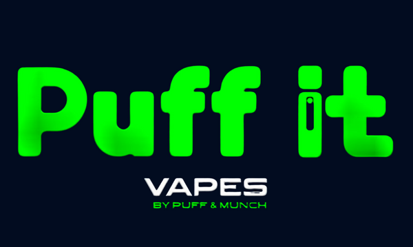 Green 'Puff it' text on a dark blue background with 'Vapes by Puff & Munch' branding.